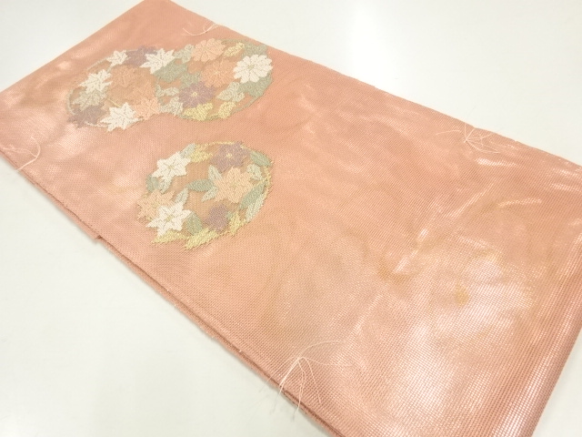JAPANESE FUKURO OBI FOR SUMMER / UNUSED / WOVEN FLOWER ROUNDEL